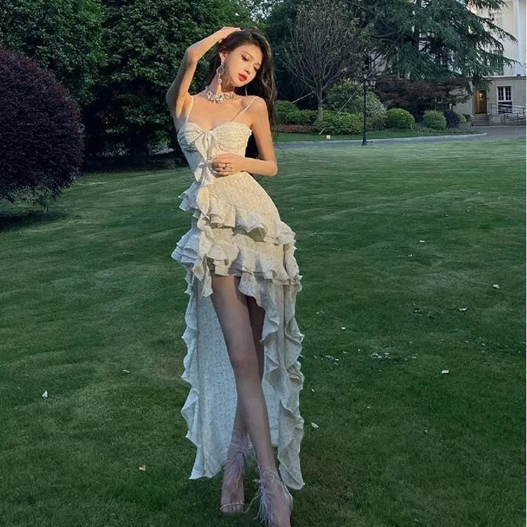 Irregular Suspender Dress Holiday Dress Summer New Formal Highend Female Evening Korean Long Dresses.