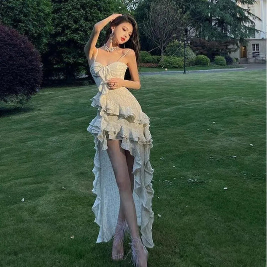 Irregular Suspender Dress Holiday Dress Summer New Formal Highend Female Evening Korean Long Dresses.