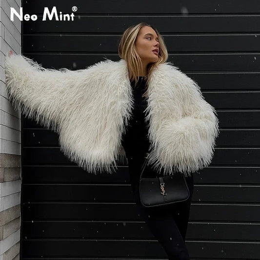 Winter Tassels Faux Fur Coat for Stylish Fluffy Fur Jacket Furry Fox Fur Overcoat Girl Shaggy Outerwear