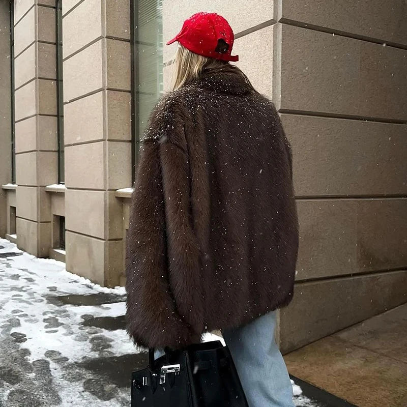 Furffy Thicken Jackets Faux Fur Loose Lapel Long Sleeves Warm Coats Female Winter Soft Outwears Lady