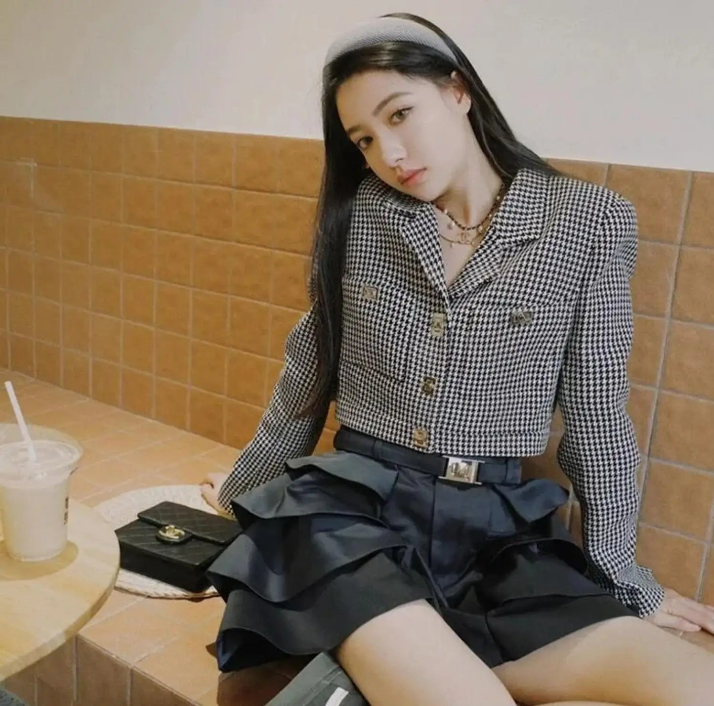 Retro French Style Green Check Plaid Weavon Cropped Blazer Notched Metal Buckle Buttons High Waist Suit Short Coat Outwear