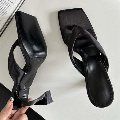 Summer Square Clip Toe Slippers High Heels Slides Sandals Flip Flops Shoes