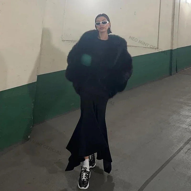 Brand Runway Iconic Hooded Batwing Faux Fur Coat Winter Hailey Bieber Shaggy Overcoat Fox Fur Jacket