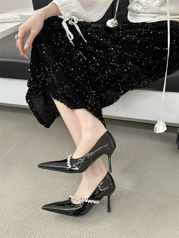 Rhinestone Decoration Pumps Pointed Toe Patent Leather Thin High Heels Party Dress Mules Shoes