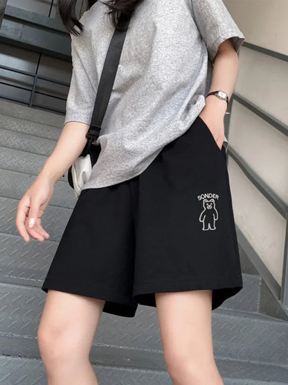 Loose Shorts Pants for Summer Clothes Bear Printed Ropa De Mujer Elastic High Waist Trousers