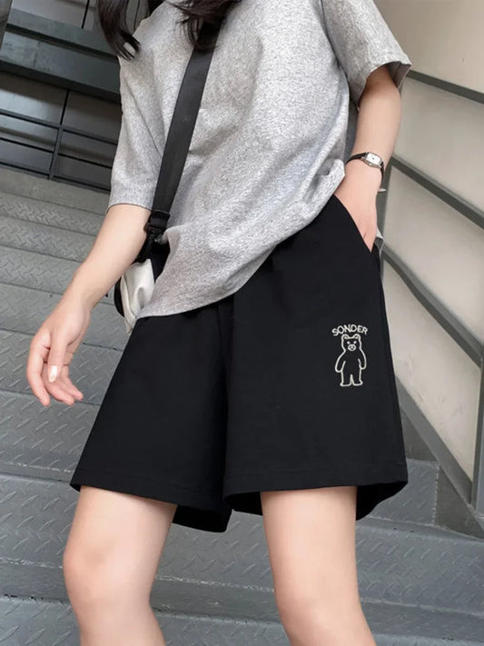 Loose Shorts Pants for Summer Clothes Bear Printed Ropa De Mujer Elastic High Waist Trousers