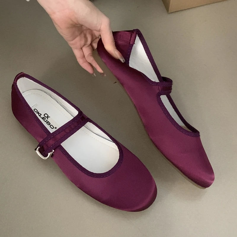 Comfort Satin Soft Sole Mary Jane Shoes Round Toe Shallow Flats Buckle Prom Designer Ballet Shoes