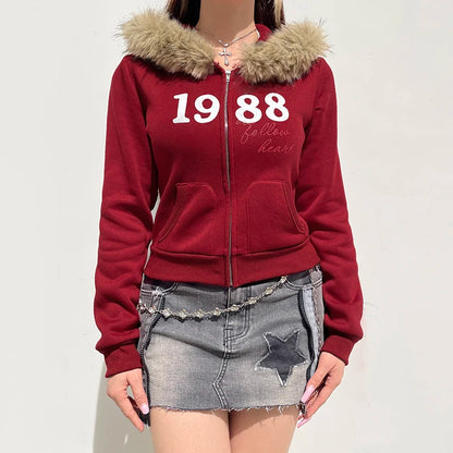 Y2k Fur Trim Hooded Sweatshirt Red Letter Print Zipper Coat With Pocket Winter 90s Outwear