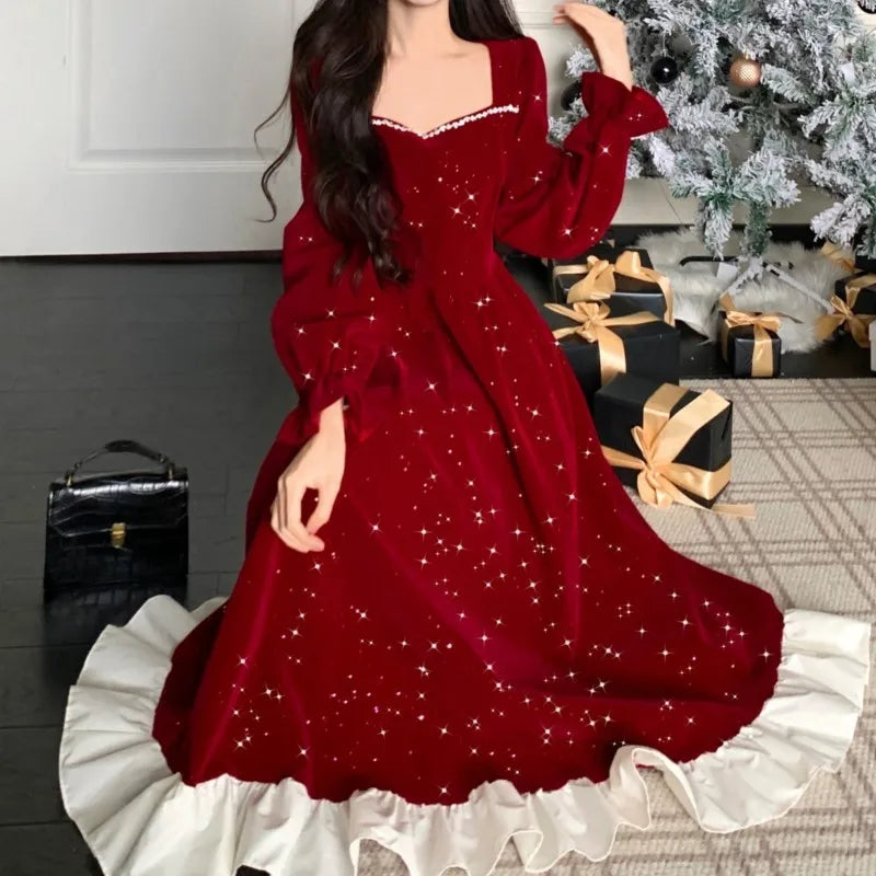 Autumn Shiny Velvet Midi Dresses for Long Sleeve Square Collar Oversize Ruffles Patchwork Christmas Party Dress Vestidos