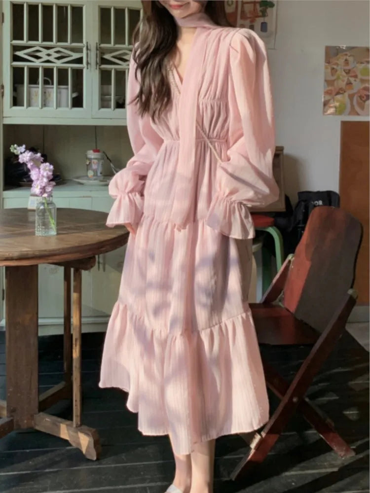 Autumn Midi Dresses for V-neck Flare Sleeves A-line Korean French Vestidos Mujer New