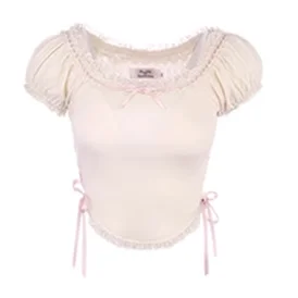 Sweet Lace Shirts Korean Pure Color Kawaii Blouse Female Summer Short Sleeve Crop Top Slim T2255