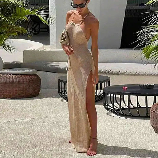 High Slit Knitted Suspender Maxi Dress
