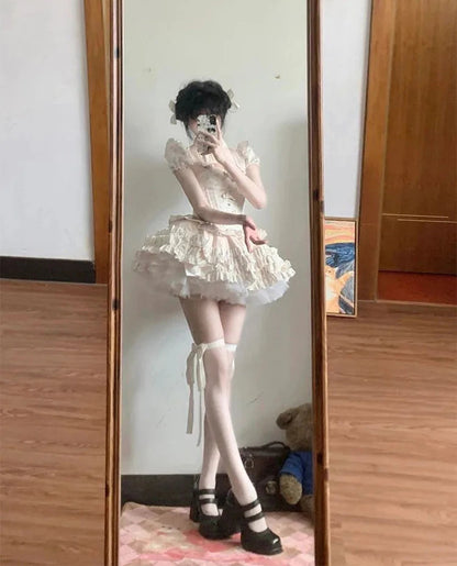 French Temperament Princess Skirt Sets Sweet Bow Strapless Slim Top Ball Gown Skirt Short Sleeve Coat Lolita Threepiece Sets