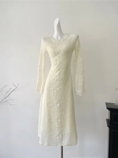 Lace Midi Dress for French Flare Sleeve Slim Aline Long Dresses Autumn Vestidos Female Clothing New