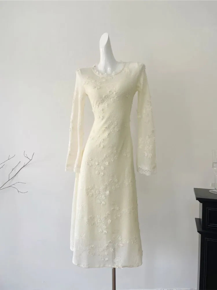 Lace Midi Dress for French Flare Sleeve Slim Aline Long Dresses Autumn Vestidos Female Clothing New