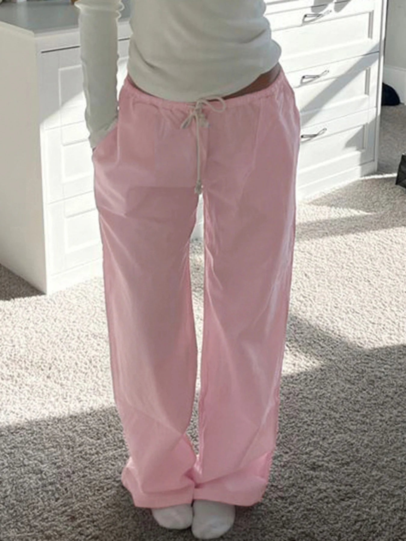Pink Loose Woven Straight Leg Pants Drawstring Low Waist Y2k Baggy Jogging Trousers