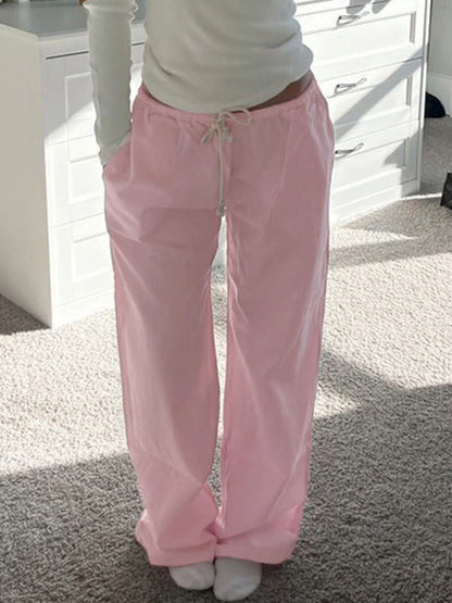 Pink Loose Woven Straight Leg Pants Drawstring Low Waist Y2k Baggy Jogging Trousers