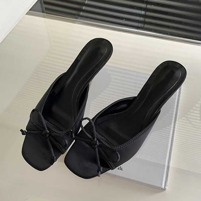 Design Style Shallow Square Toe Slippers Butterflyknot Low Heels Shoes Summer Zapatos De Mujer