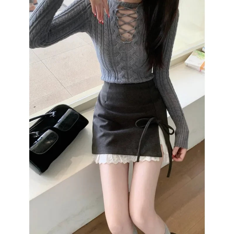 Contrast Color Patchwork Aline Skirt Spring New High Waist Lace Up Bow Slim Mini Skirt