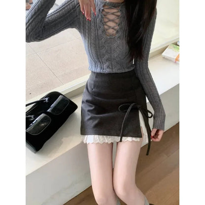 Contrast Color Patchwork Aline Skirt Spring New High Waist Lace Up Bow Slim Mini Skirt
