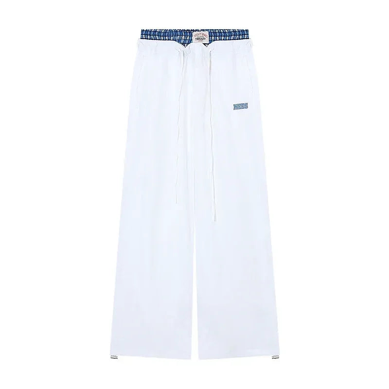 American Contrast Color Patchwork Loose Wide Leg Pants Autumn New High Waist Laceup Letters Embroidered Pants