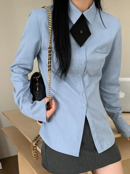 Harajuku Blue Shirts for Slim Button Up Blouse With Tie Spring Summer Preppy Style Long Sleeve Uniform Clothes New