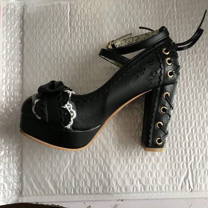 Summer 2.5 Platform Bow Lace Princess Lolita Shoes Party 10cm High Heel Buckle Big Size 43