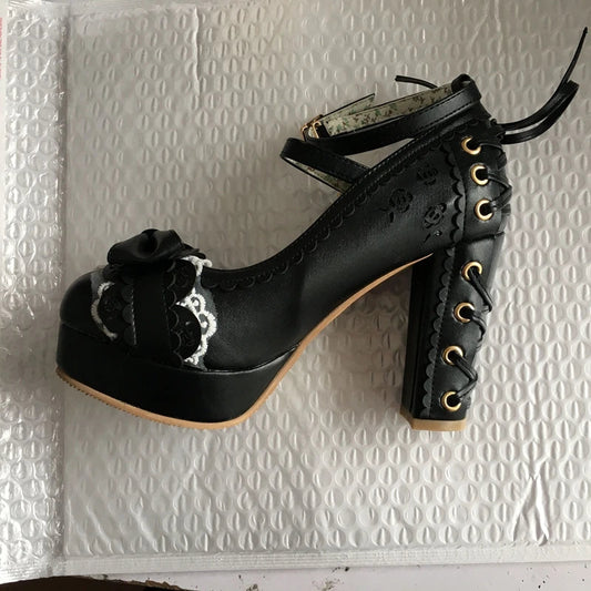 Summer 2.5 Platform Bow Lace Princess Lolita Shoes Party 10cm High Heel Buckle Big Size 43