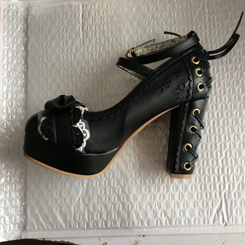 Summer 2.5 Platform Bow Lace Princess Lolita Shoes Party 10cm High Heel Buckle Big Size 43
