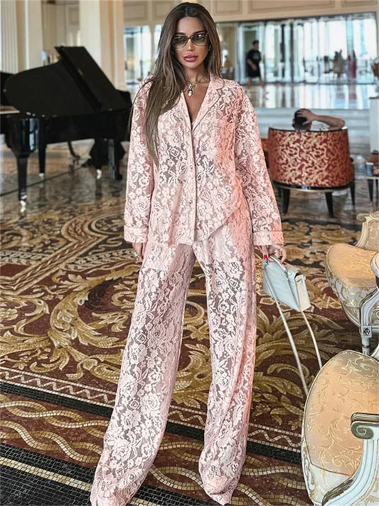 Lace Hollow Out Printed 2 Piece-set Trousers Female See-through See-through Shirts and ’s Pants Outfits