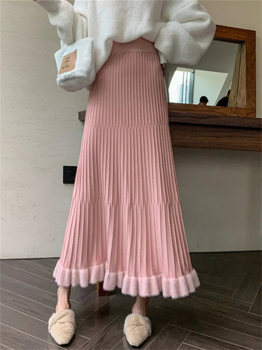 High Waist Ruffled Pleated Skirts Autumn Long Skirt Loose Pleated Ribbed Maxi Skirt