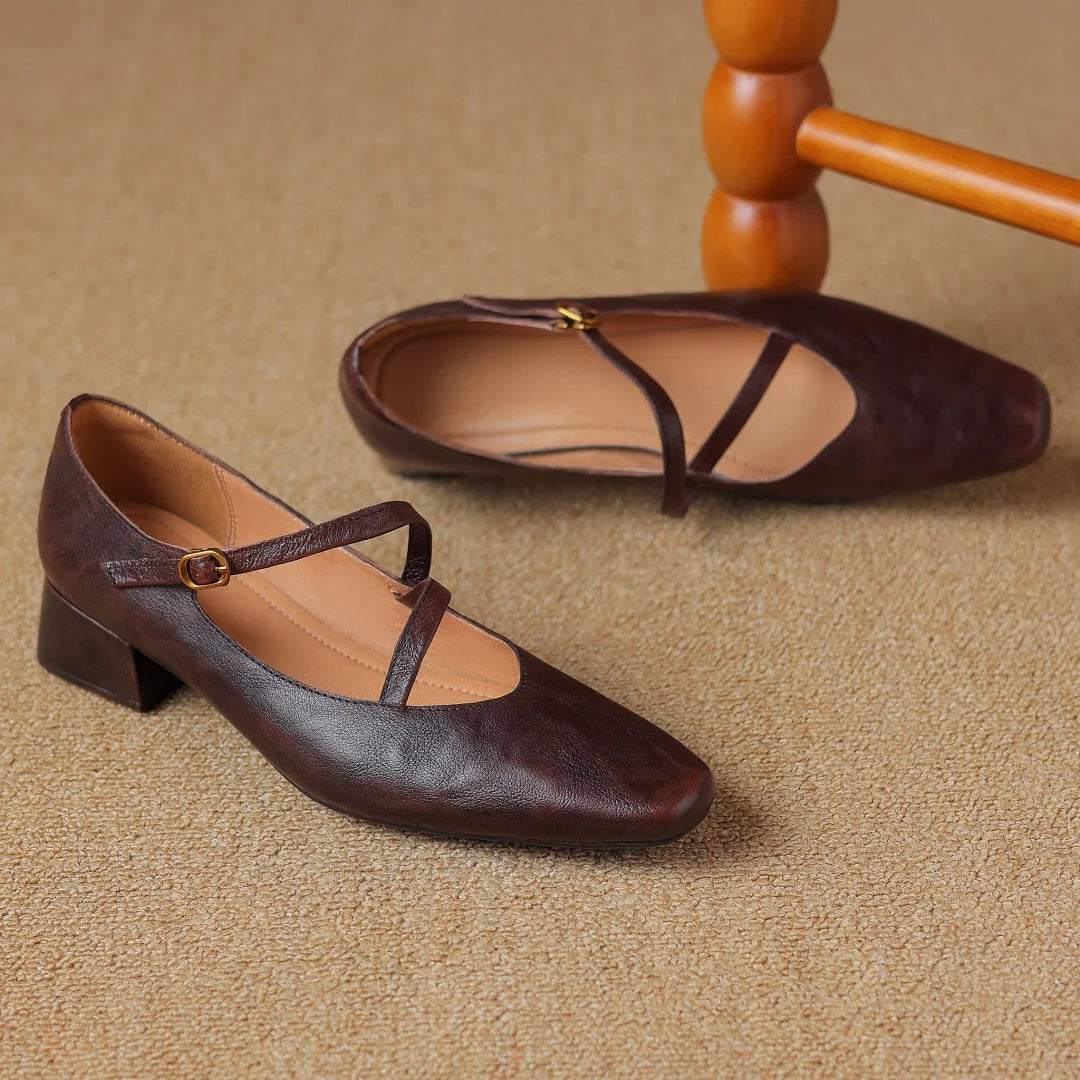 Genuine Leather Square Toe Slipon Pumps 4cm Thick Low Heel Ol Style Narrow Band Cross Strap Slim Shoes