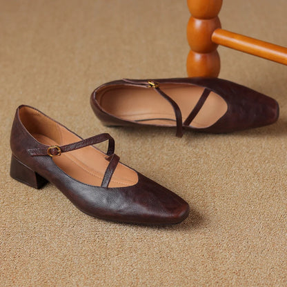 Genuine Leather Square Toe Slipon Pumps 4cm Thick Low Heel Ol Style Narrow Band Cross Strap Slim Shoes