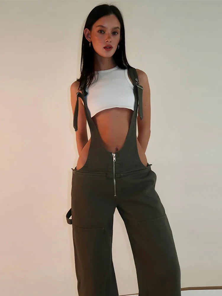 Denim Jumpsuit for Y2k Sleeveless Adjustable Straps Overalls Female Slant Pockets Jeans