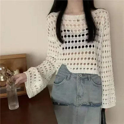 Hollow Out T-shirt Knit Sweater Loose Y2k T-shirt Crewneck Thin Sweater Autumn Pullovers