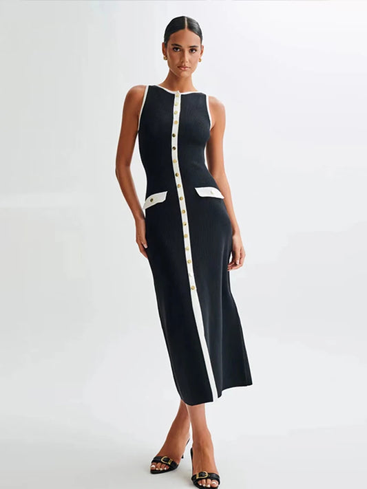 Single Breasted Knitted Maxi Dress O Neck Sleeveless Fake Pockets Dresses New Lady High Street Robes