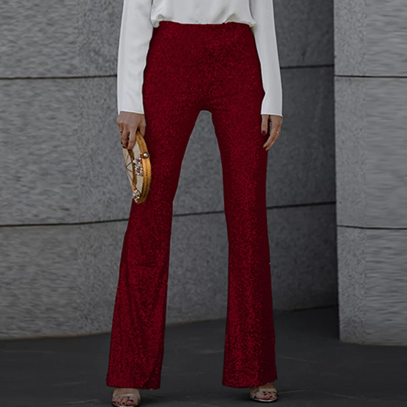 Spring Glitter Sequin Shiny Party Pants High Wiast Slim Flare Trousers New Autumn Straight Pant