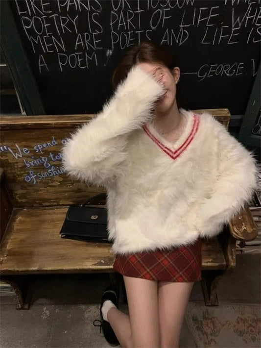 Knitted Sweater Pullover Contrast V Neck Loose Furry Autumn Winter Jumper Tops