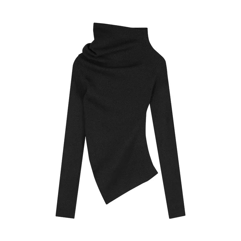 Korean Retro Strapless Asymmetric Longsleeved Sweater Spring New Slant Collar Pleated Slim Knitted Tops