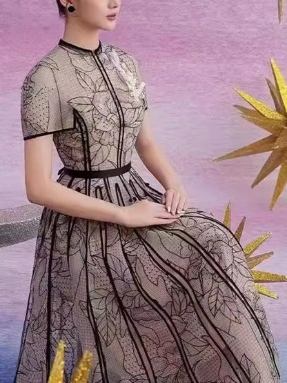Party Dress O Neck Short Sleeve Lace Mesh Embroidery Long Dresses for Spring Summer 8980