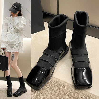 New Stylish Square Toe Knitted Sock Boots Autumn Winter Platform Boots Black Patent Leather Punk Goth Shoes