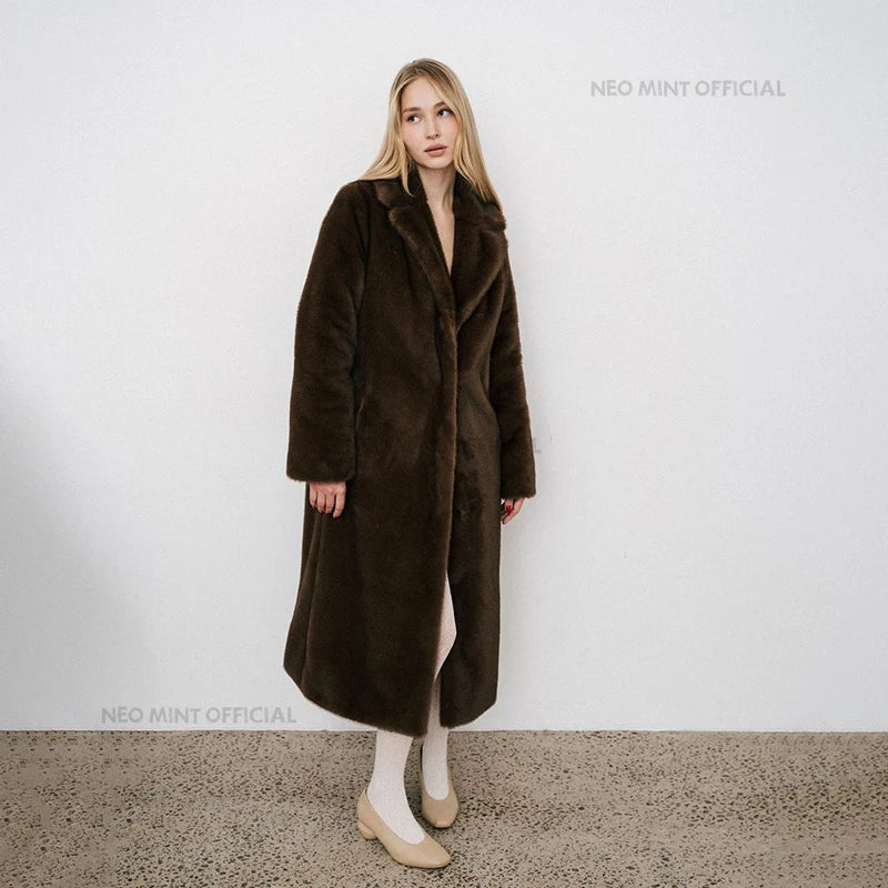 Winter Faux Mink Fur Coat Iconic Brand Long Outerwear Jacket Crystal Hooks Street Style Warm Overcoat