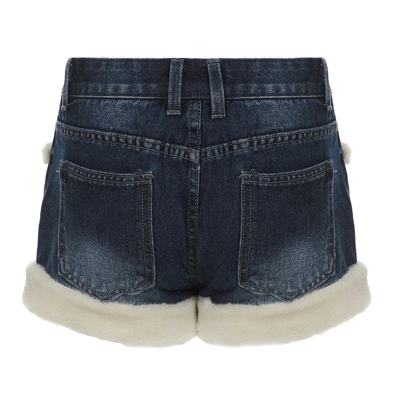 Kawaii Fluffy Trim Mini Jeans Gentle Sweet Style Pants All-match Blue Short Design