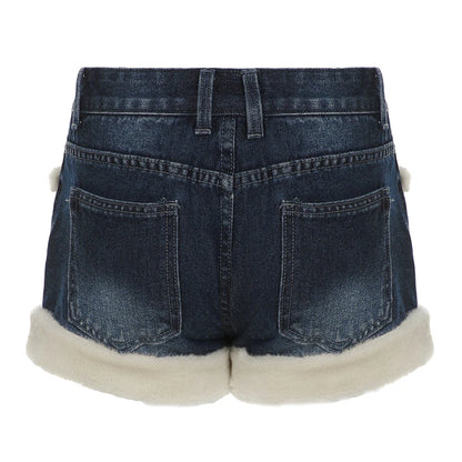 Kawaii Fluffy Trim Mini Jeans Gentle Sweet Style Pants All-match Blue Short Design