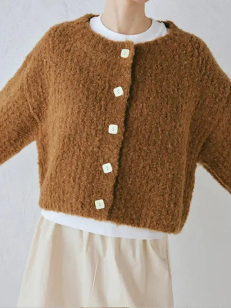 Brown Single Breasted Knitwear O Neck Long Sleeves Loose Sweater New Lady Office Cardigan