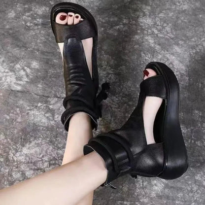 New Roman Shoes Summer Leisure High Top Elevated Slope Heel Cool Boots Soft Leather Thick Sole Fish Mouthsandals