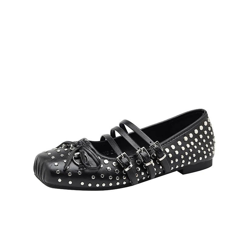 Rivet Ballet Burgundy Mary Jane Flat Shoes Summer New Bow Square Head Comfortable Shoes