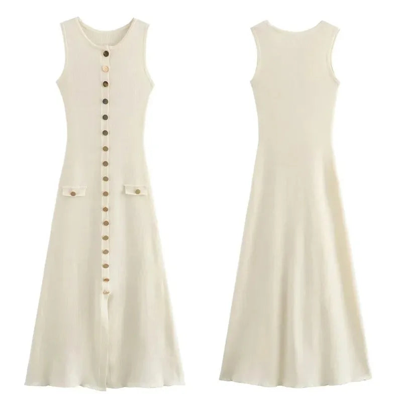 Knitted Long Dress for Sleeveless Button Maxi Sweater Bodycon Dresses Female Party Vestidos