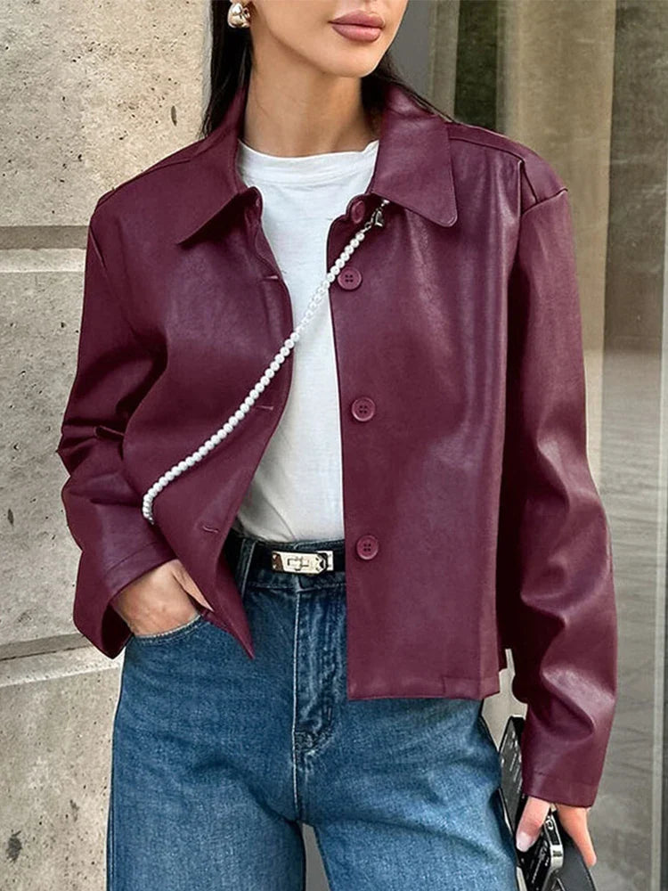 Burgundy Faux Leather Jackets Moto Biker Lapel Zipper Long Sleeve Female Coats Spring Lady Street Outwear