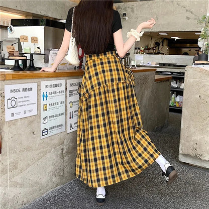 American Long Skirts for Arrival Plaid Lace Up High Waist Color Patchwork Pleated Skirts Skirt